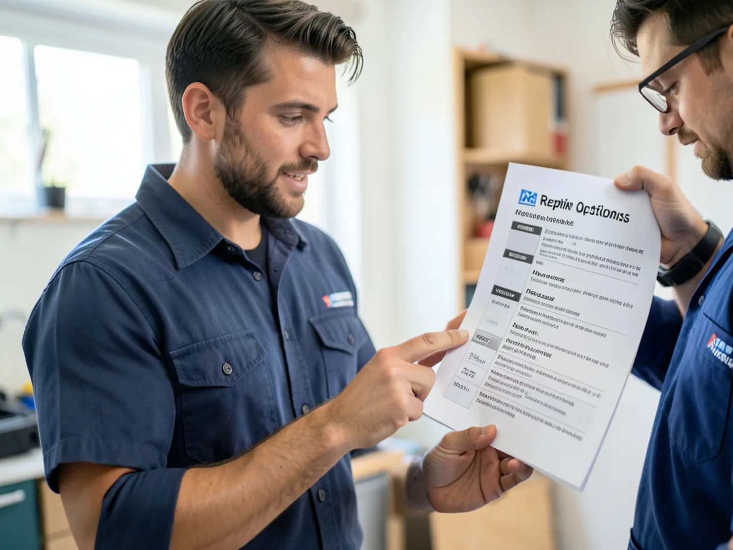 Puzzled Comfort technician reviewing heating equipment options and written estimates with a homeowner