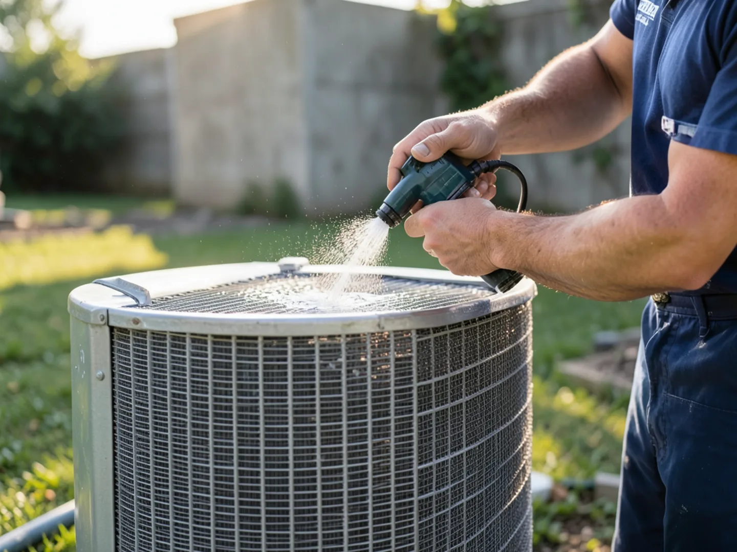 Washing foaming coil cleaner through condenser fins with gentle water rinse