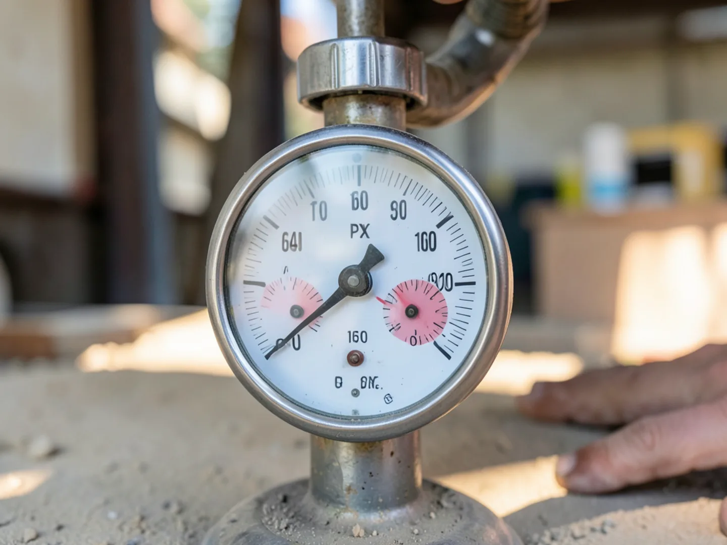 Close-up of boiler pressure tridicator gauge showing 14 PSI and 160 degrees