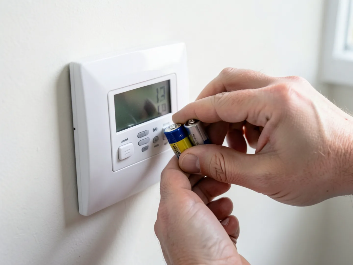 Placing fresh alkaline batteries into a detached digital thermostat faceplate