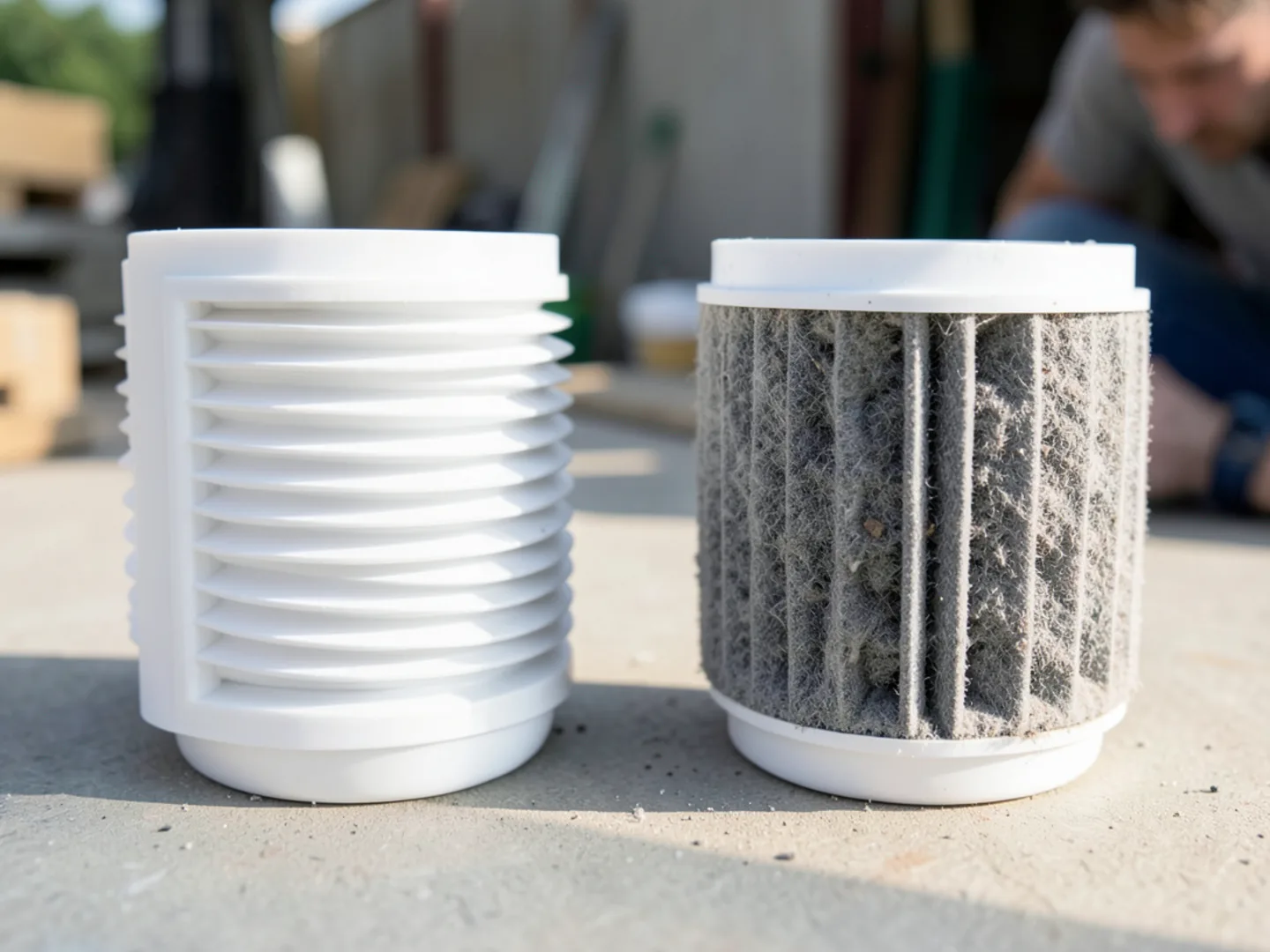 Clean white pleated air filter compared to a heavily dust-choked grey filter
