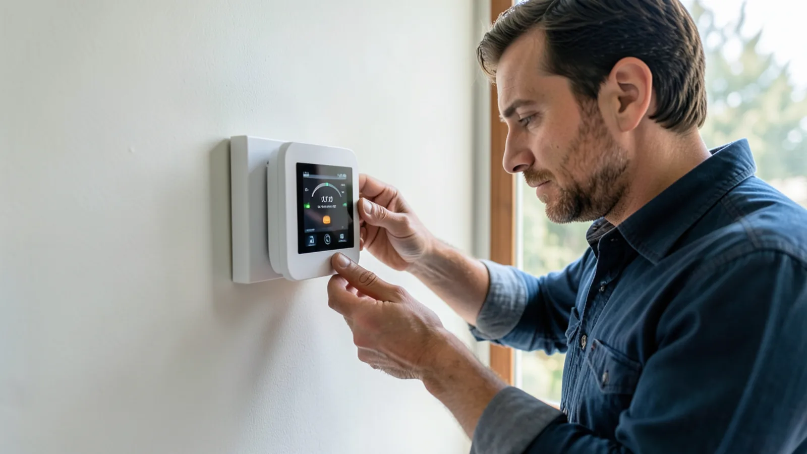 Homeowner closely checking a digital wall thermostat in heating mode