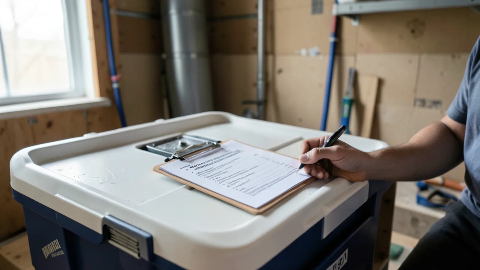 Itemized HVAC repair estimate on a clipboard resting on a service toolbox in a basement