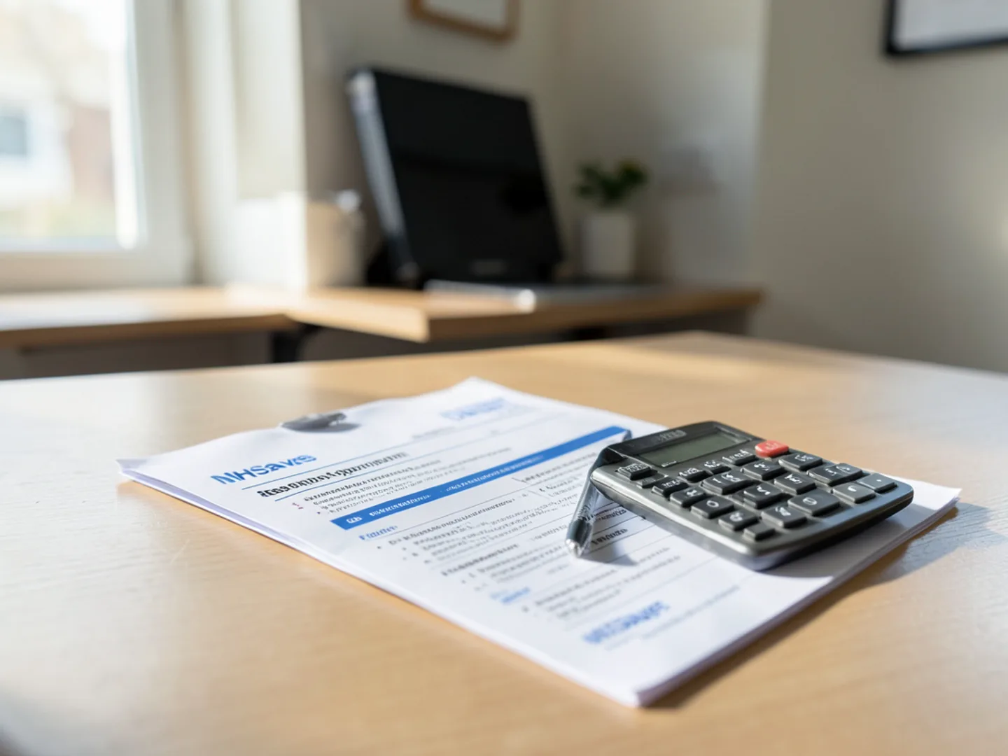 NHSaves rebate application form and specification documentation on desk