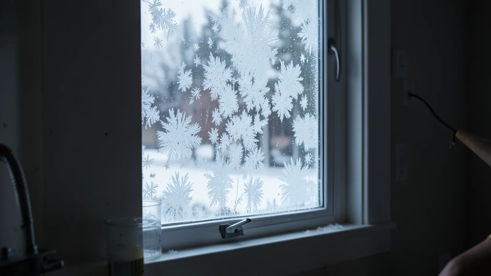 Ice frost crystals on residential window pane during a severe New Hampshire winter cold snap