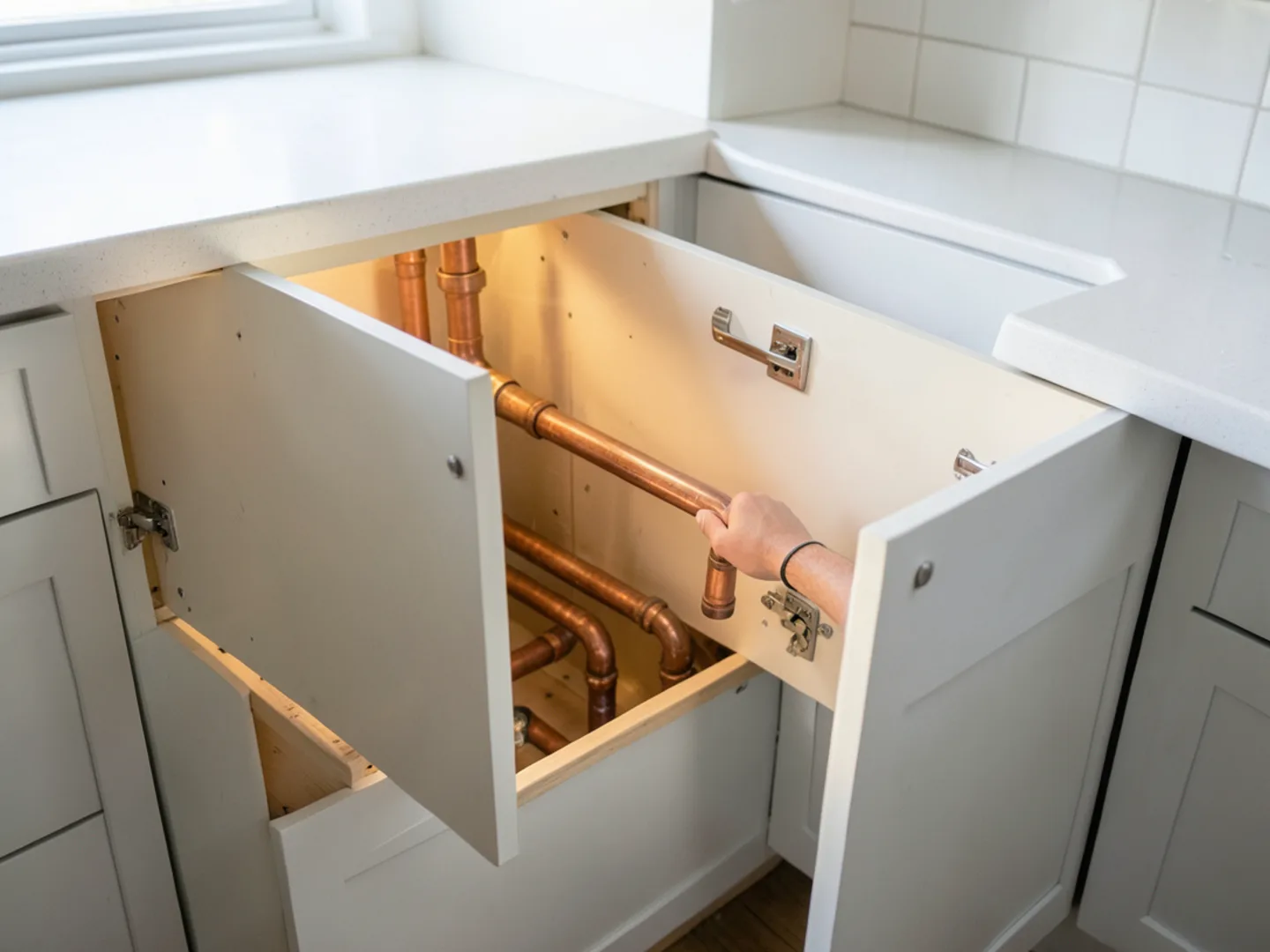 Open kitchen sink cabinet doors allowing warm indoor air to reach copper water pipes