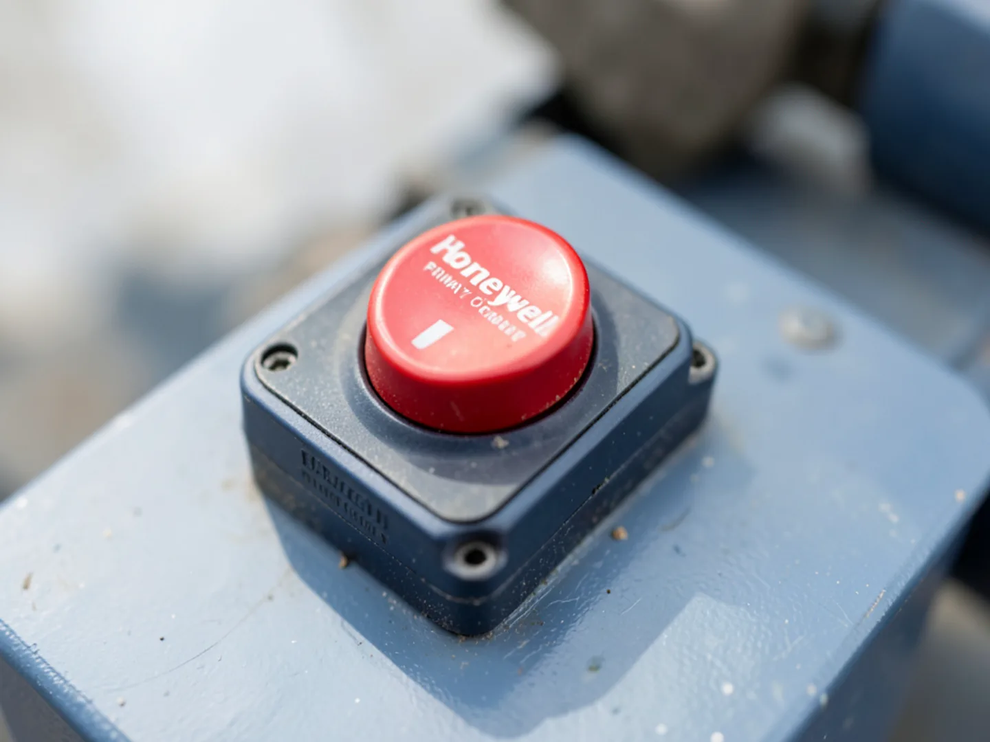 Close-up of the red safety reset button on an oil burner primary control