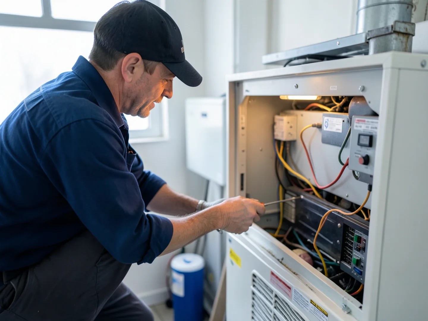 Technician in headlamp illuminating an electrical control board during a nighttime no-heat call