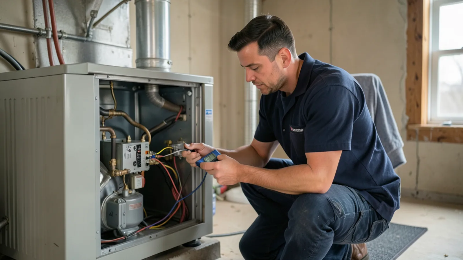 HVAC technician testing electronic control board terminals on a furnace in Merrimack NH