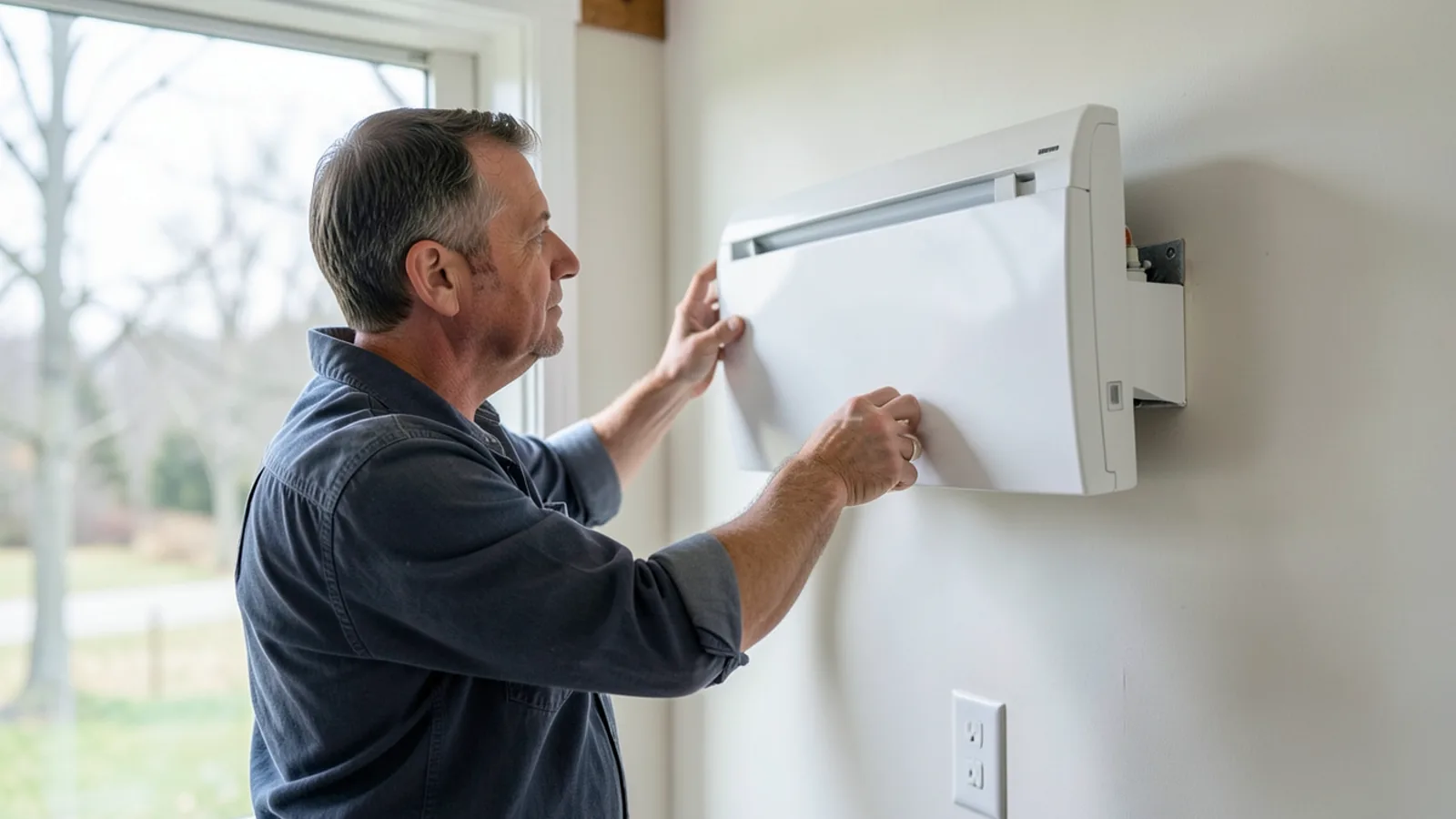 Installer mounting a sleek white ductless mini-split indoor unit in a Merrimack NH living room