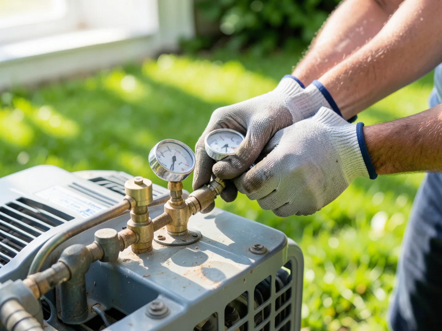Technician testing central AC pressure gauges