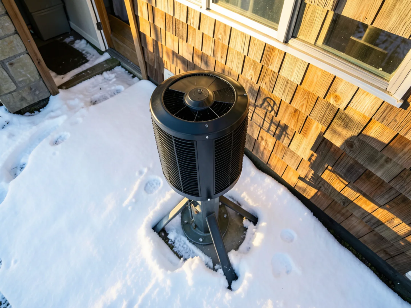 Outdoor cold-climate heat pump on elevated snow stand