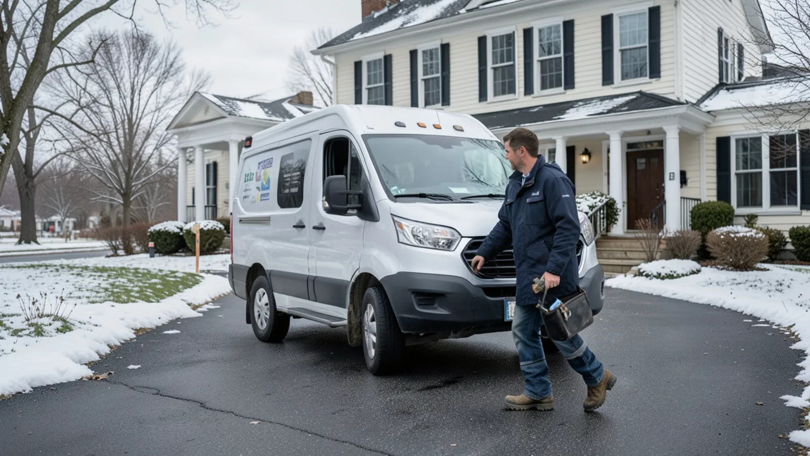 Puzzled Comfort HVAC technician and service van in Merrimack NH in early winter