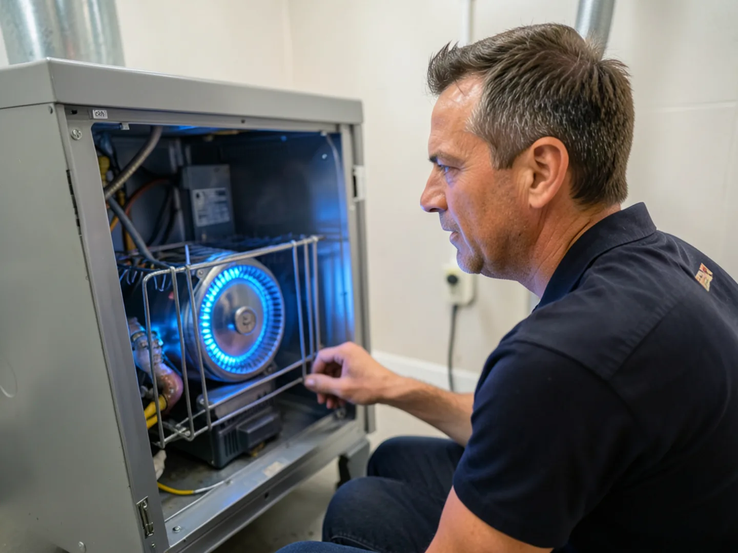 HVAC technician inspecting gas furnace burner flame
