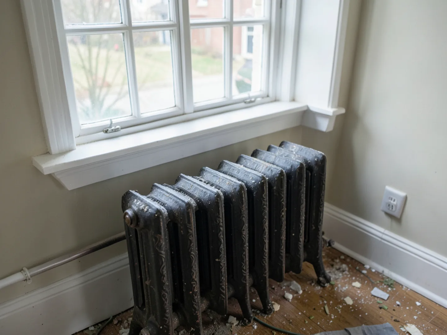 Ornate historic cast-iron hydronic radiator beneath a colonial window in Amherst Village