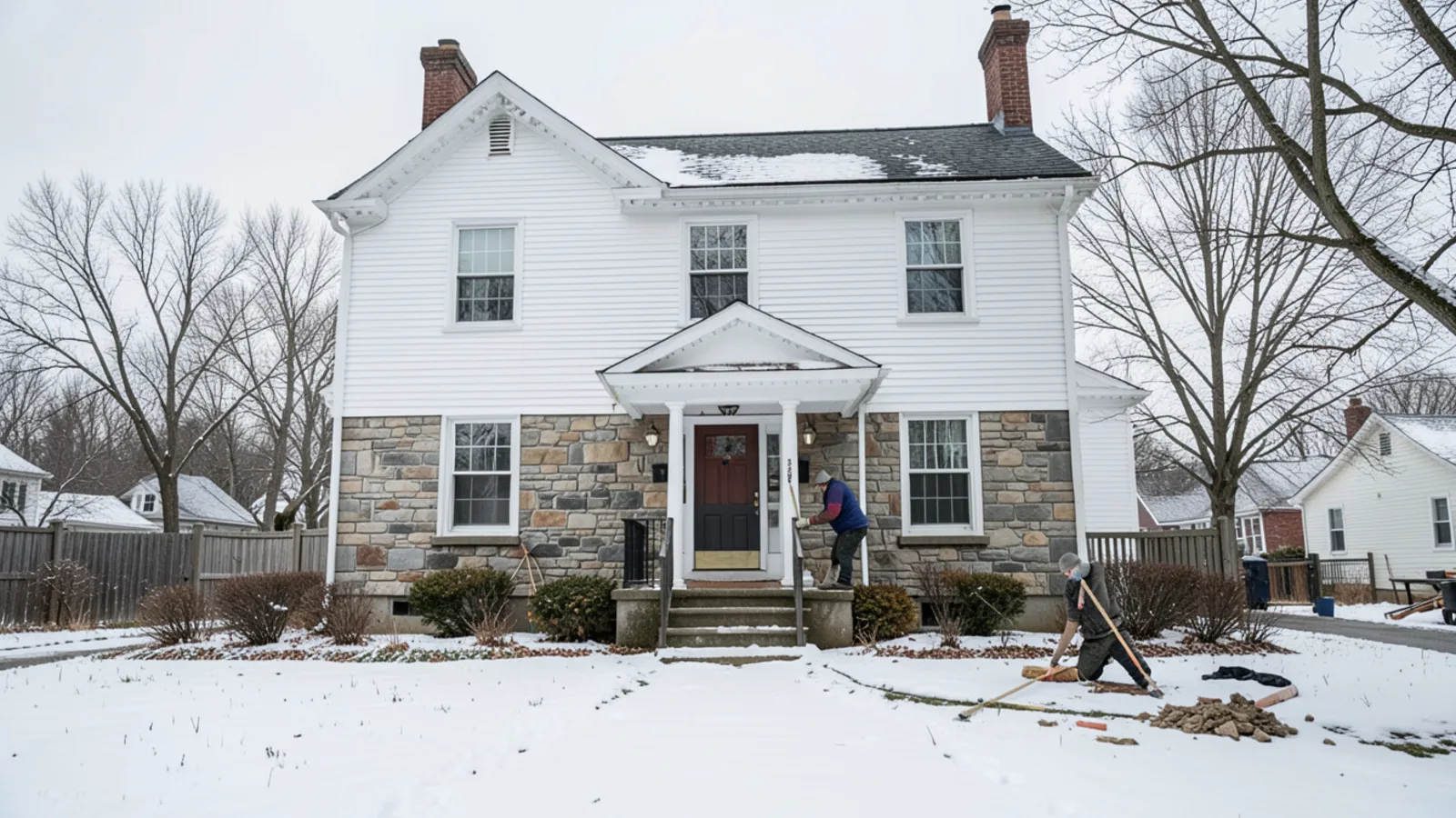 Historic white clapboard colonial home in Amherst NH Village District with winter snow