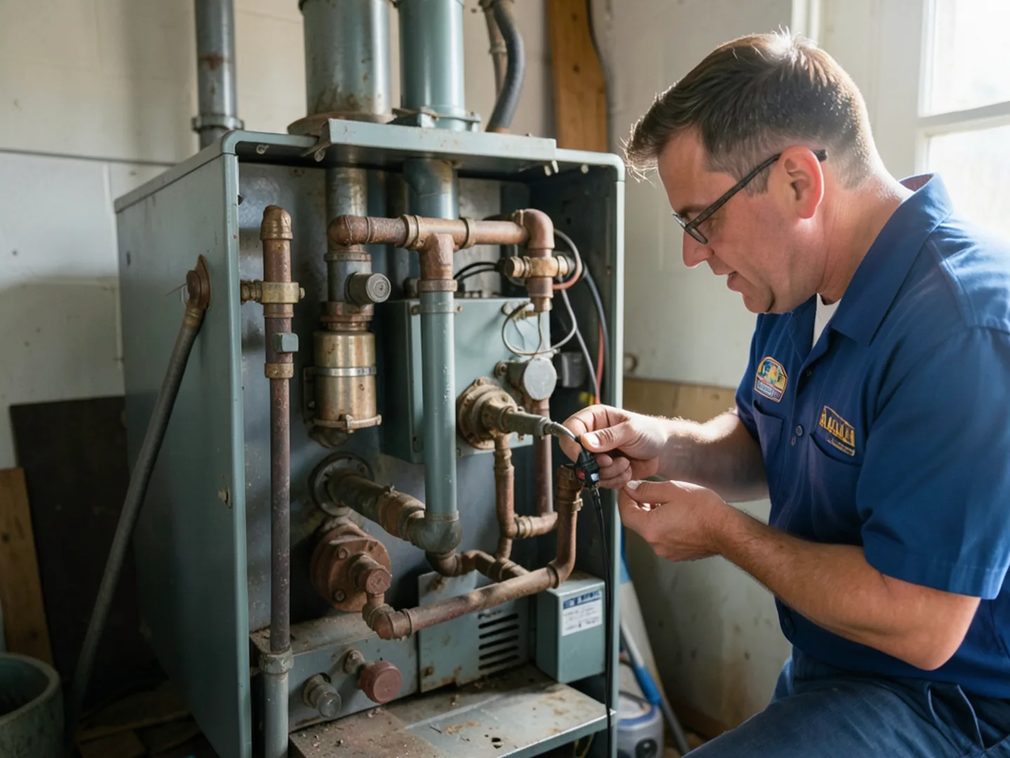 Inspecting burner tubes and flame sensor on a ranch forced-air furnace in Derry