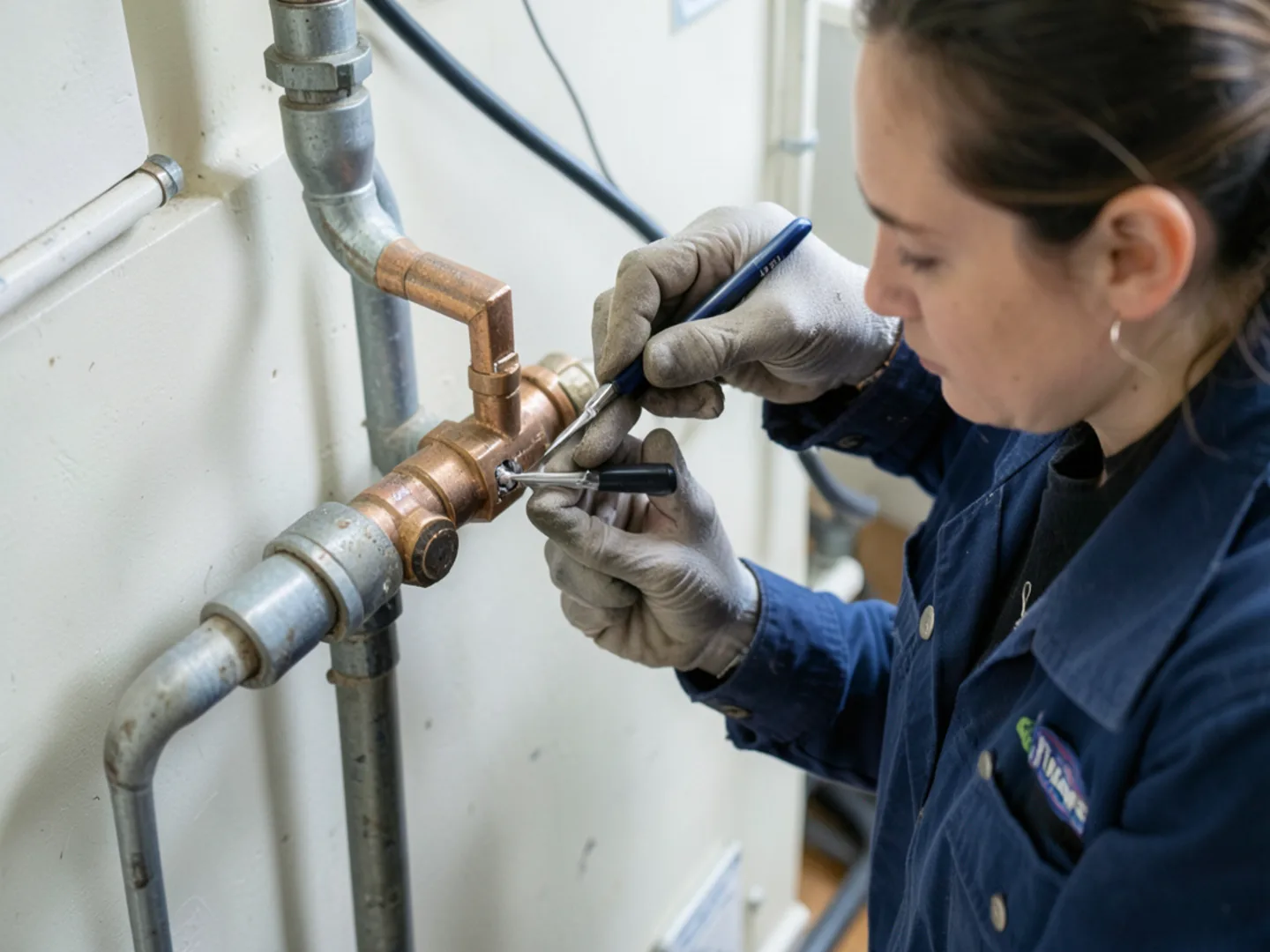 Technician soldering replacement copper hydronic fitting on a boiler loop in Derry