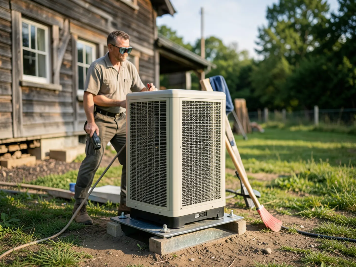 Cold-climate heat pump on elevated stand outside a Hollis colonial