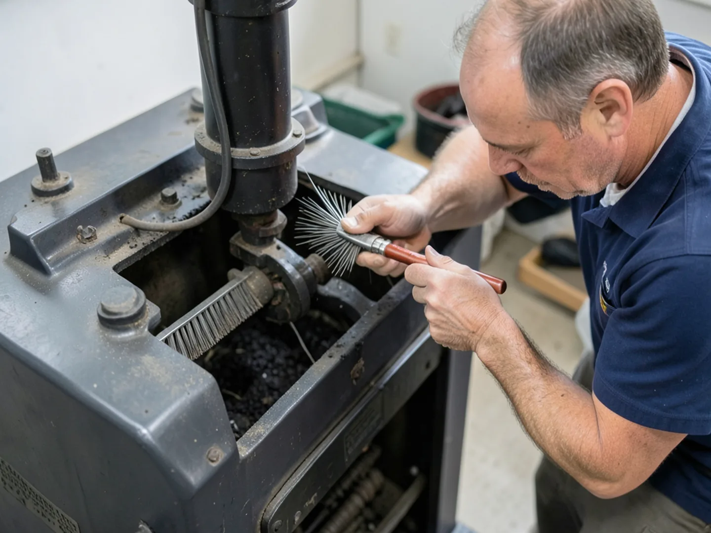 Brushing soot passages inside a cast-iron oil boiler heat exchanger in Hollis