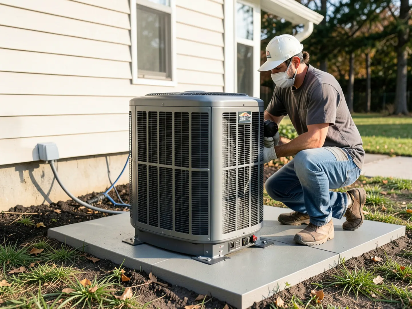 Brand new 16 SEER2 central air condenser on composite pad in Hudson NH