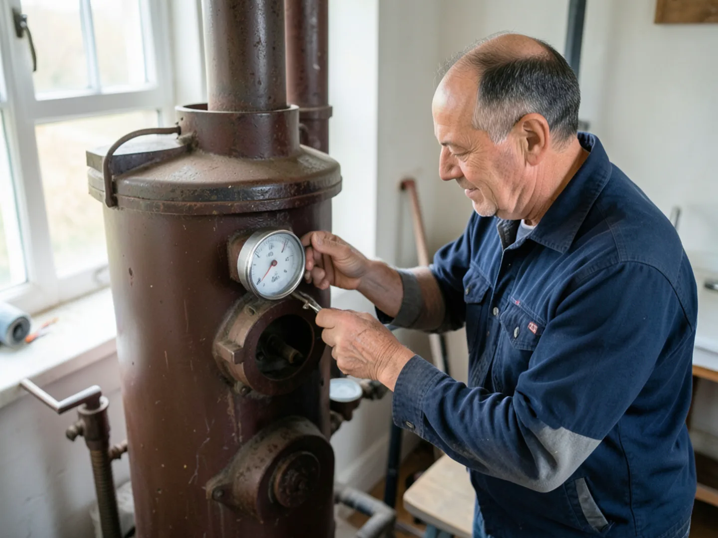 Technician inspecting steam boiler sight glass in a Manchester NH multi-family basement